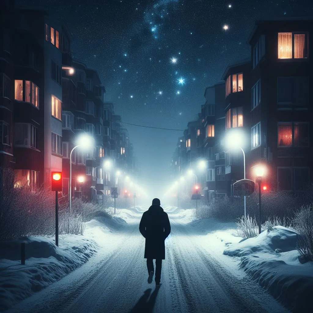 Man loopt door een buitenwijk het is een koude heldere nacht er ligt sneeuw op straat
