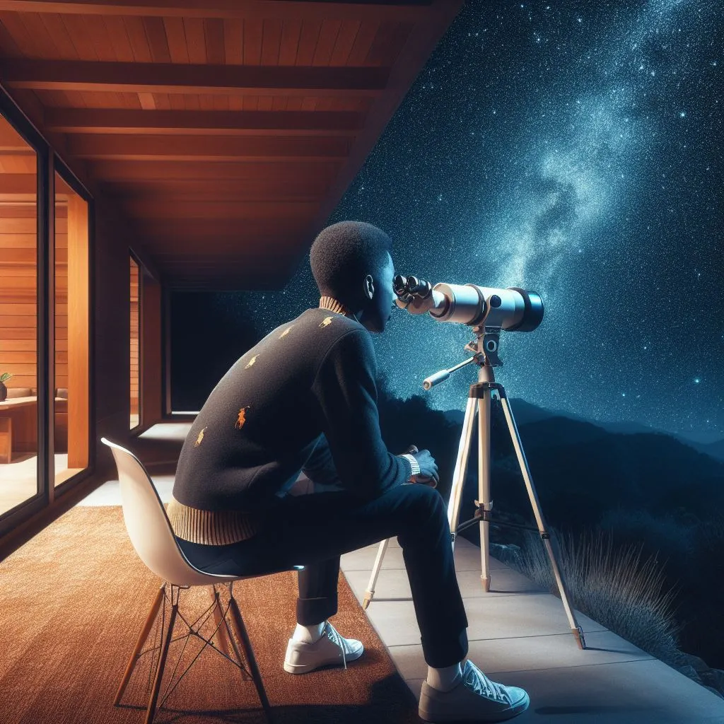 Een jonge man kijkt via een sterrenkijker naar de Melkweg waarmee miljoenen micro-organismen worden geïllustreerd